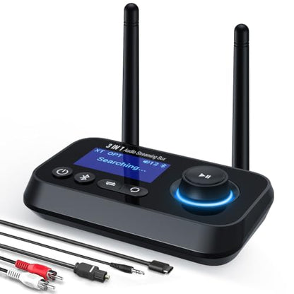 3-in-1 Low Latency Bluetooth 5.3 Transmitter for TV Audio Receiver Adapter for Stereo Long Range W.Screen Volume Control Aux/RCA/Optical Input/Output Surpport Up to 2 BT Headphones - color: Dual Antenna-BLACK