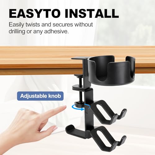 Desk Controller Holder with Headphone Hanger, 360° Rotating 3 in 1 Desk Anti-Spill Cup Holder with Headset Stand, Aluminum and Plastic