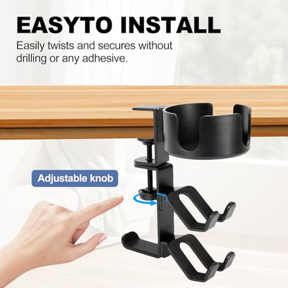 Desk Controller Holder with Headphone Hanger, 360° Rotating 3 in 1 Desk Anti-Spill Cup Holder with Headset Stand, Aluminum and Plastic