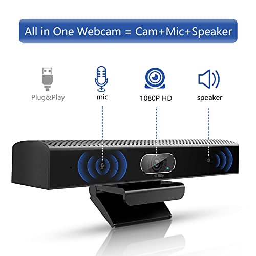 Conference Room Camera, 3-in-1, 1080p Full HD Webcam with Microphone and Speaker, USB Plug and Play, Wide Angle Video Conference Camera for Desktop, Laptop, Mac, PC (Black)