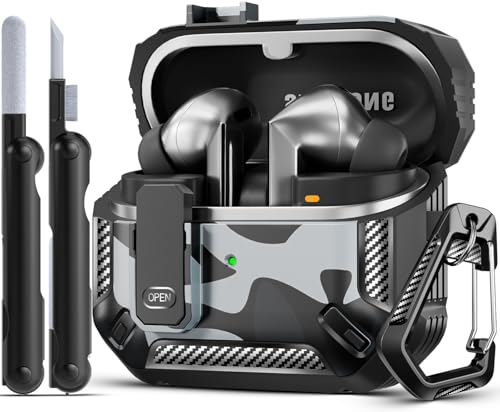 Safety Lock Case for Samsung Galaxy Buds3 FE/3/3 Pro (C-Grey) | with Secure Lock Clip & Cleaning kit Full Body Shockproof Carbon Fiber Protection Design - color: B-C-grey
