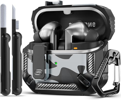 Safety Lock Case for Samsung Galaxy Buds3 FE/3/3 Pro (C-Grey) | with Secure Lock Clip & Cleaning kit Full Body Shockproof Carbon Fiber Protection Design - color: B-C-grey