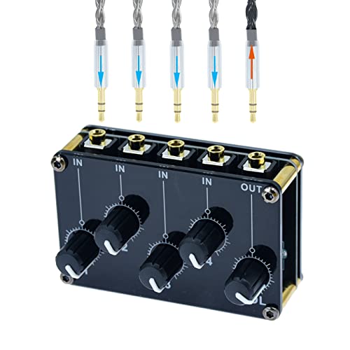 Multiple Input Mix 4 Way 1/8" inch in 1 Out Stereo Passive Mixer Headphone Sound Audio Speaker Splitter selector switcher 3.5mm udio Switch Box aux Loop Volume knob Control 3.5 mm Mixing Sharing