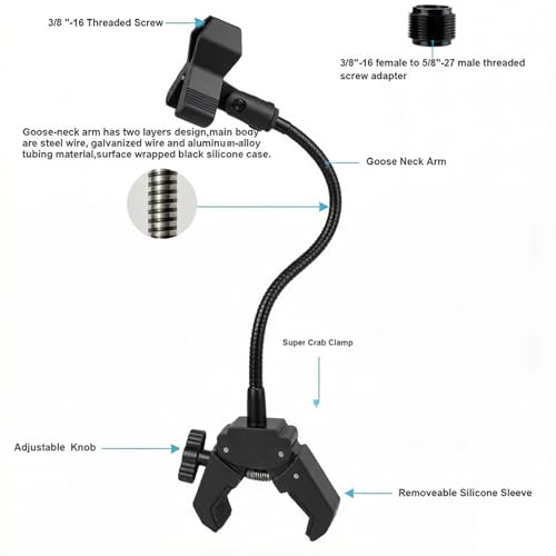 Gooseneck Microphone Stand, 19.69" Flexible Adjustable Arm with Super Crab Clamp Mic Clip, 3/8"-16 to 5/8"-27 Adapter Mount, Compatible with Shure/Fifine/AT2020/Pyle/Blue Snowball/Razer