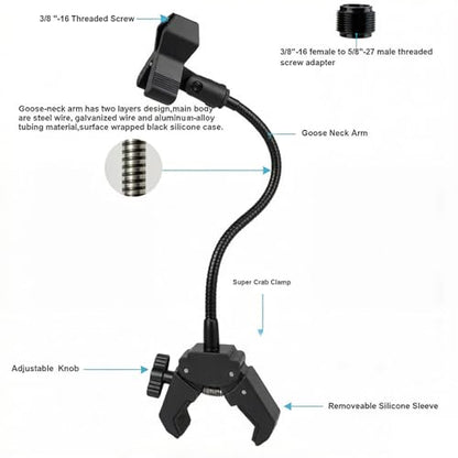 Gooseneck Microphone Stand, 19.69" Flexible Adjustable Arm with Super Crab Clamp Mic Clip, 3/8"-16 to 5/8"-27 Adapter Mount, Compatible with Shure/Fifine/AT2020/Pyle/Blue Snowball/Razer