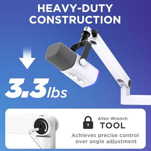 InnoGear 로우 프로파일 마이크 암 붐 암 마이크 스탠드 데스크 마운트, 화이트 | 다중 어댑터, 1.5kg(3.3파운드) 무게 용량, Blue Yeit Nano에 적합, 진동 방지, 각도 조절 가능 - color: 화이트., style: 로우 프로파일 마이크 암