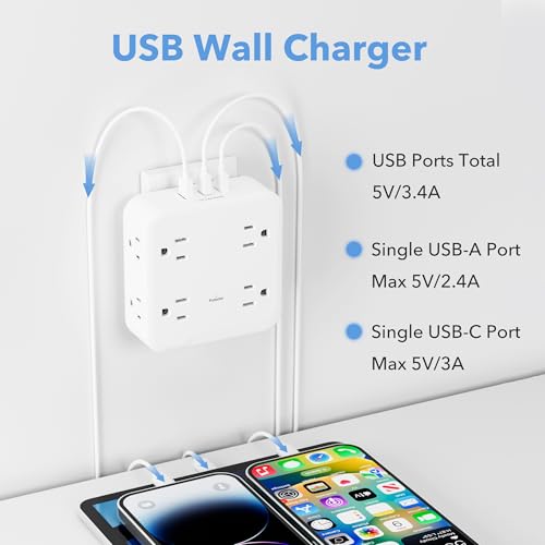 BN-LINK Multi Plug Outlet Extender with 8 Outlets 3 USB Ports (1 USB C), Surge Protector 800 Joules, 4-Sided Multiple Plug Expander Outlet Splitter for Home, Office, 15A/1875W, White - size: 8 Outlets (USB)