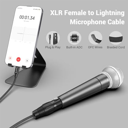 Cubilux XLR Female to Lightning Microphone Cable for Recording, Karaoke, XLR Dynamic Microphone to Lightning Braided Cable for iPhone 14/13/12 pro max, iPad 9/8/7, iPod, 2m/6.5FT