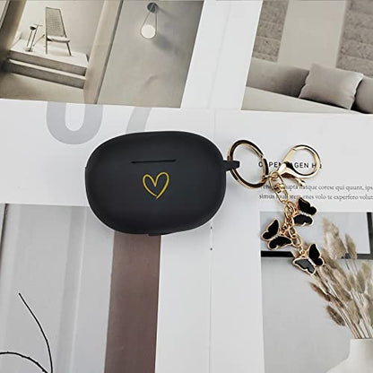 Compatible with Beats Studio Buds 2021, Soft Silicone Case with Gold Heart Pattern for Beats Studio Buds Case with Cute Butterfly Keychain for Girls Women (Black) - color: Black