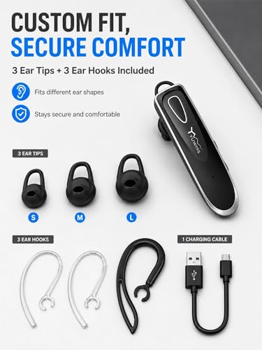 YW YUWISS Bluetooth Earpiece for Cell Phone with Mic Wireless in Ear Earbud Headphones Car Headset with 50 Hours Noise Canceling Hands Free Calling Compatible with Driving, iPhone, Samsung, Black