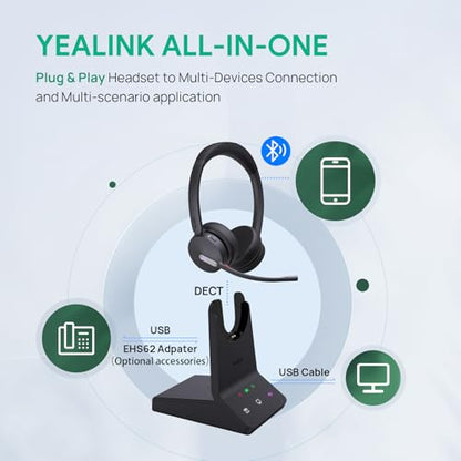 Yealink WH64 Mono Teams Wireless Headset, DECT & Bluetooth Dual-Mode 606 ft Range Headphones with 3X Mic, 26 Talk Time, Office Work Headset for Desk IP Phone, PC,Cell Phone (Renewed)