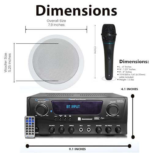 Home Theater System Kit 1000 Watts Bluetooth Receiver | w/ 6 Qty 5.25" 175 Watts Each in-Wall in-Ceiling Speakers with, Portable Microphone & Remote Control by Technical Pro