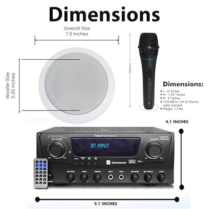 Home Theater System Kit 1000 Watts Bluetooth Receiver | w/ 6 Qty 5.25" 175 Watts Each in-Wall in-Ceiling Speakers with, Portable Microphone & Remote Control by Technical Pro
