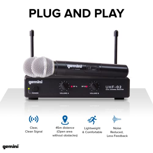 Gemini Dual-Channel UHF Handheld Microphone System (UHF-02M-S12) | Dual-channel UHF handheld mics, 517-521 MHz - 150 ft range - dual volume controls - auto-pair, ABS
