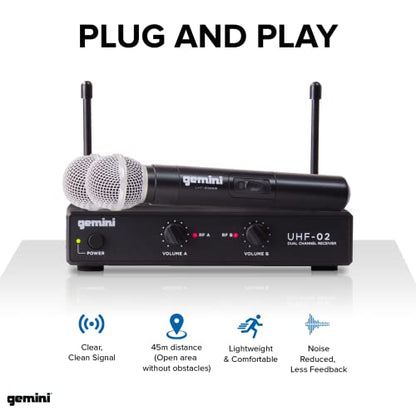 Gemini Dual-Channel UHF Handheld Microphone System (UHF-02M-S12) | Dual-channel UHF handheld mics, 517-521 MHz - 150 ft range - dual volume controls - auto-pair, ABS
