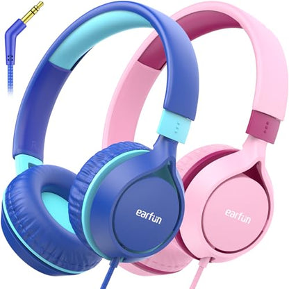 EarFun S1 Kids Headphones, Foldable Wired Headphones for Kids, 2 Packs | Stereo Sound, Adjustable Headband, 85dB Volume Limit, Portable Lightweight On-Ear Headphone for School/Travel/Boys/Girls - color: Pink&Blue