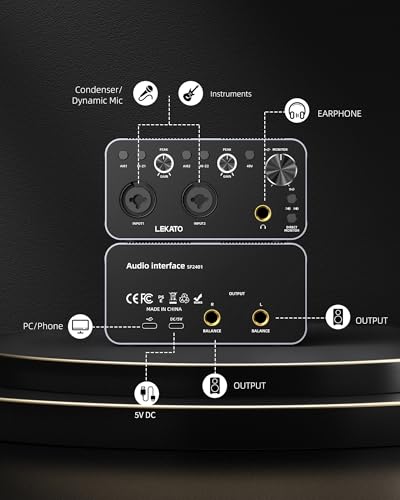 LEKATO USB Audio Interface, 24-bit/192kHz Audio Interface with XLR, 48V Phantom Power for Smartphone Computer Recording, Streaming, Guitar, Music Production, Podcast