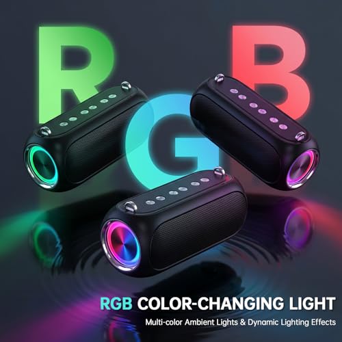 TWS 및 RGB 조명이 있는 휴대용 블루투스 스피커, 블루투스 5.3/TF/AUX/USB 재생, 긴 배터리 수명 빠른 충전, 야외 캠핑 해변 자전거용 조절 가능한 스트랩