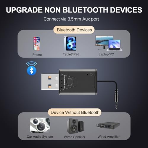 USB Bluetooth 5.4 Adapter for Car, Bluetooth Music Receiver Plug & Play, 3.5mm AUX Jack Car Kit Built-in Microphone for Hands-Free Calling Compatible with Speakers/Home Stereo,USB-Powered