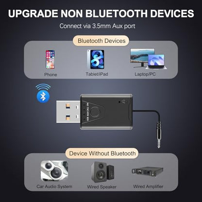 USB Bluetooth 5.4 Adapter for Car, Bluetooth Music Receiver Plug & Play, 3.5mm AUX Jack Car Kit Built-in Microphone for Hands-Free Calling Compatible with Speakers/Home Stereo,USB-Powered
