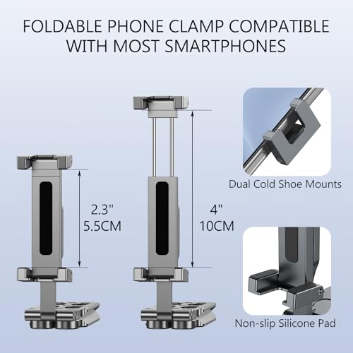 Phone Tripod Stand Foldable, PT-05 Pocket Cell Phone Tripod Mount Handle Smartphone Desk Stand Travel All in One Vlog Video Aluminium 2 Cold Shoe Small Size Lightweight Portable Stick