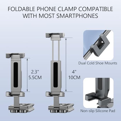 Phone Tripod Stand Foldable, PT-05 Pocket Cell Phone Tripod Mount Handle Smartphone Desk Stand Travel All in One Vlog Video Aluminium 2 Cold Shoe Small Size Lightweight Portable Stick