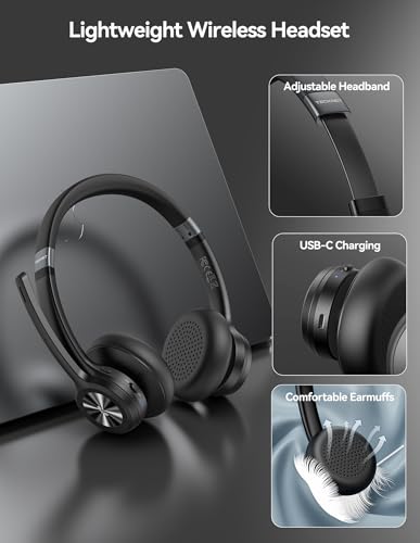 TECKNET Wireless Headset, Bluetooth Headset with Noise Cancelling Microphone - Rechargeable Bluetooth V5.2 Headphones, 50H Playtime & Mic Mute, On Ear Headphones for Trucker/Remote Work/Call Center - color: Deep Black