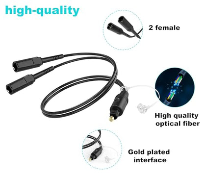 Digital Audio Cable, 1 Male Input and 2 Female outputs, 1 Foot, Digital Optical Audio Cable, Suitable for Home theaters and televisions. Toslink Digital Fiber Optical Audio Splitter.