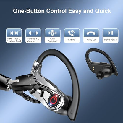 Bluetooth 6.1 Headphones True Wireless Earbuds 120hrs Playtime Wireless Charging Case, Digital Display Sports Ear Buds with Earhook Hi-Res Audio Clear Calls Earphones IPX7 Waterproof for Running Gym