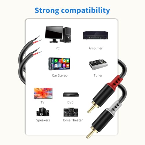 RCA to Speaker Wire Adapter, 2 Bare Wire Speaker Cables to RCA Plug Adapter Repair Speaker Wire for Speaker Amplifier Audio Video AV Receiver TV Subwoofer - 20AWG, 6.6FT - size: 6.6FT