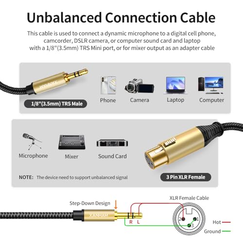 XLR Female to 3.5mm (1/8") Male Jack 6.6 Feet/2 Meter TRS Unbalanced Cable Compatible with iPhone, iPod, MP3 Player, Laptop, Voice Recorder and More - size: 6.6Feet/2M