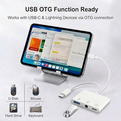 USB-C & Lightning to 3.5mm Audio Jack Adapter, Lightning to USB C Adapter with USB-A OTG Port and 3-in-1 USB-C Port for Charging, Data Transfer & Aux Audio, Compatible with iPhone17 iPad Galaxy S26