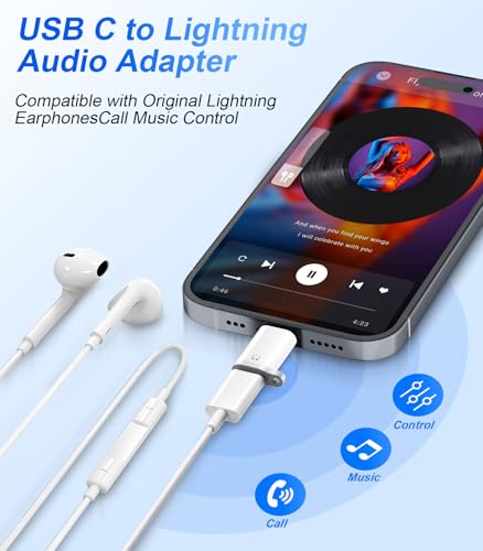 Lightning to USB C Audio Adapter for Heaphones Support Line Control, 2 Packs USBC Male to Lightning Female Earbuds Adapter, Not for Charging/Data Transfer, USB-C for Apple iPhone 17 16 15/iPad
