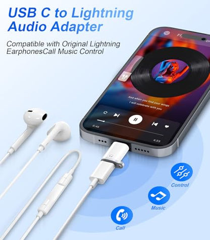 Lightning to USB C Audio Adapter for Heaphones Support Line Control, 2 Packs USBC Male to Lightning Female Earbuds Adapter, Not for Charging/Data Transfer, USB-C for Apple iPhone 17 16 15/iPad