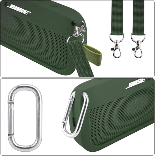 co2CREA Soft Silicone Case for Bose SoundLink Flex Bluetooth Speaker, Green | Adjustable Shoulder Strap, Crossbody Carrying, Aluminum Carabiner, Lightweight - color: Cypress Green Case