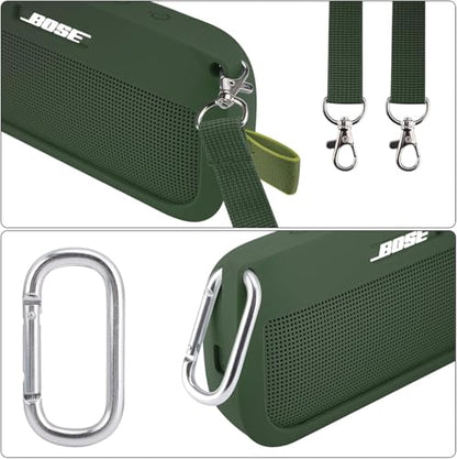 co2CREA Soft Silicone Case for Bose SoundLink Flex Bluetooth Speaker, Green | Adjustable Shoulder Strap, Crossbody Carrying, Aluminum Carabiner, Lightweight - color: Cypress Green Case