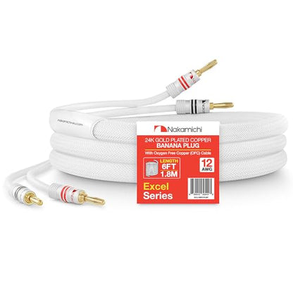 Nakamichi 24k Gold Plated Banana Plugs with 12 AWG Speaker Cable 99.9% OFC | Oxygen-Free Copper, Excel Series, Heavy Duty Braided for Amplifier Receiver Hi-Fi Stereo Audio Wire - White (6 feet / 1.8m) - color: White (12 AWG), size: 6-Feet (1.8m)