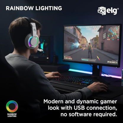 ELG Alcor Wired Gaming Headset, PC/PS4/PS5/Xbox/Switch/Mobile, 40mm Drivers, Omnidirectional Retractable Mic, in-Line Volume & Mute, Sport Mesh, RGB, White
