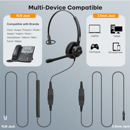 MAIRDI Phone Headset with Noise Canceling Microphone, Call Center Office Headset with RJ9 Jack & 3.5mm Connector for Landline Deskphone Cell Phone PC Laptop, Telephone Headset Work for Polycom - style: Monaural