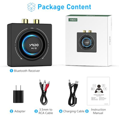 YMOO B06T3 Bluetooth 5.3 Receiver, 100ft RCA Bluetooth Audio Adapter for 3.5mm Jack AUX HiFi Home Stereo/Speaker from Smartphone/Tablet/Laptop, Dual Link for Two Speakers, SBC AAC Audio