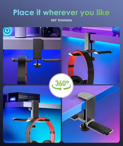 6amLifestyle Dual Rotatable Headphone Stand Hanger Under Desk Clamp Headset Holder Aluminum Load up to 11lb Headset Stand Hanger Compatible with Universal Headphones, Black 6A-13BK - color: Black