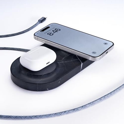 Einova Dual Classic Stone – Dual Wireless Charging Pad in Genuine Marble, Designed in Italy, Integrated 6 ft USB-C Cable, Smartphones, Wireless Earbuds, Smartwatches – Black Marquina Marble - color: Black Marquina marble – Dual Classic Stone