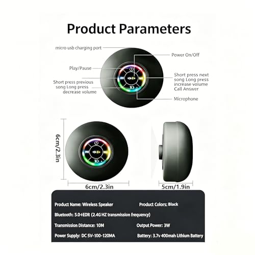Mini Bluetooth Shower Speaker Black, Silicone Suction Cup Portable Speaker with LED Lights, IPX4 Waterproof, Built in Mic, for Bathroom Kitchen Outdoors, Ideal Gifts (Black) - color: Black