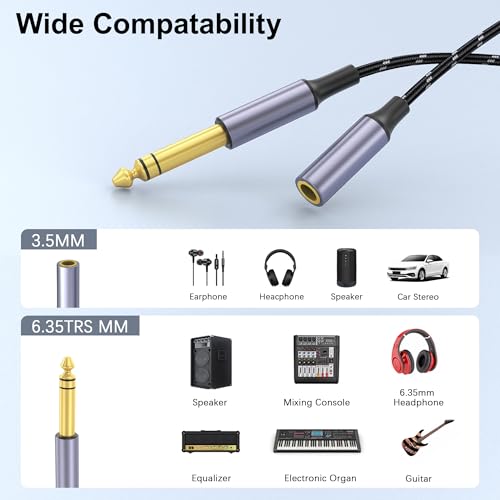 3.5mm to 1/4 Headphone Adapter Cable, TRS 6.35mm 1/4 Male to 3.5mm 1/8 Female Stereo Jack Audio Adapter for Amplifiers, Guitars, Keyboards Pianos, Home Theaters, Mixing Consoles, Headphones - 12 inch