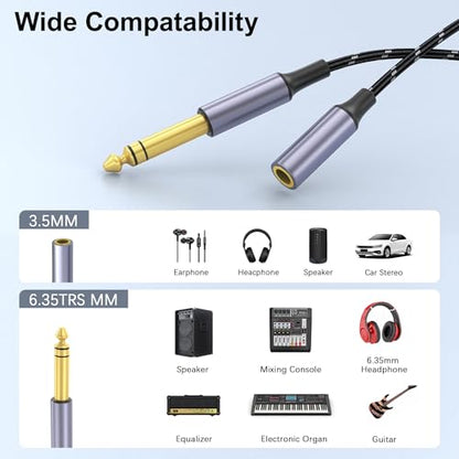 3.5mm to 1/4 Headphone Adapter Cable, TRS 6.35mm 1/4 Male to 3.5mm 1/8 Female Stereo Jack Audio Adapter for Amplifiers, Guitars, Keyboards Pianos, Home Theaters, Mixing Consoles, Headphones - 12 inch