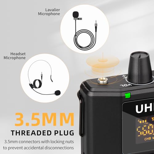 Depusheng UHF Wireless Microphone Headset System -Wireless Headset Mic System, with Lavalier Lapel Mics,200ft Range, 1/8'' and 1/4'' Plug for Recording PA Speaker,Conference