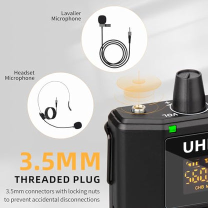 Depusheng UHF Wireless Microphone Headset System -Wireless Headset Mic System, with Lavalier Lapel Mics,200ft Range, 1/8'' and 1/4'' Plug for Recording PA Speaker,Conference