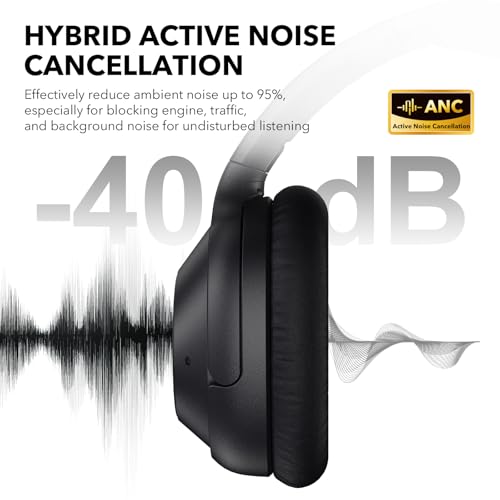 Bluetooth 6.0 Active Noise Cancelling Headphones for Airplane Travel, Black | LDAC Hi-Res Audio, 90H Playtime Wired and Wireless ANC Headphones, Over Ear Headset for Home Office, Custom EQ via APP - color: Black