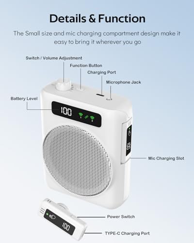Voice Amplifier for Teachers with 2 Lavalier Wireless Microphones | Clip On Microphone with Speaker, Wireless Voice Amplifier Bluetooth Speaker and Microphone Set for Yoga Tour Guides Coaches - color: White