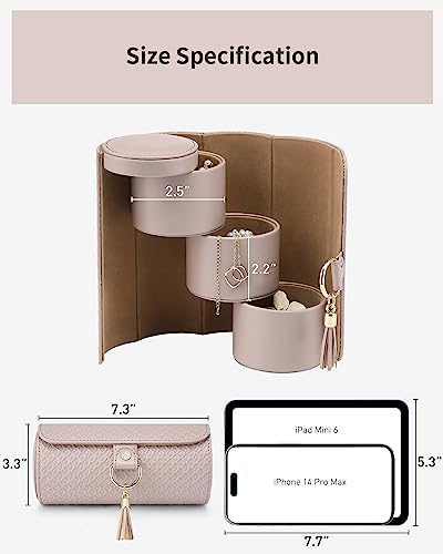 VLANDO Travel Jewelry Organizer, 3 Tier Roll Up Design, Hard Shell Storage | Stepped Sections Compartments Keep Jewelry Visible, Soft Lining Protect Pieces, Snap Closure, Travel Gift for Women Girl - color: Grey&Khaki